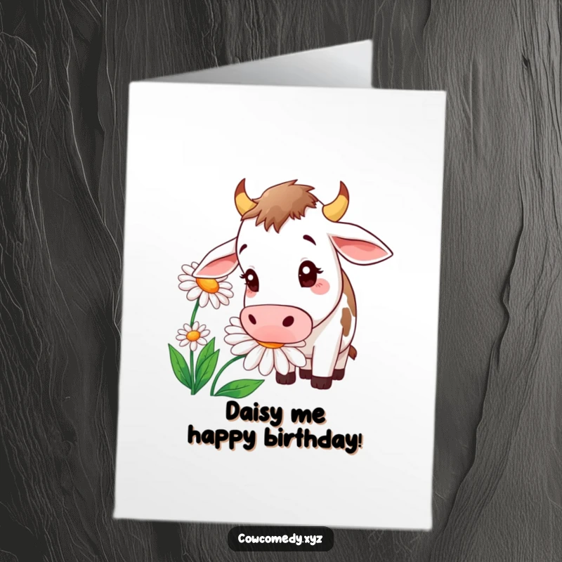 Funny Free Printable Birthday Card featuring a curious cow sniffing a giant daisy with a humorous, interested expression.
