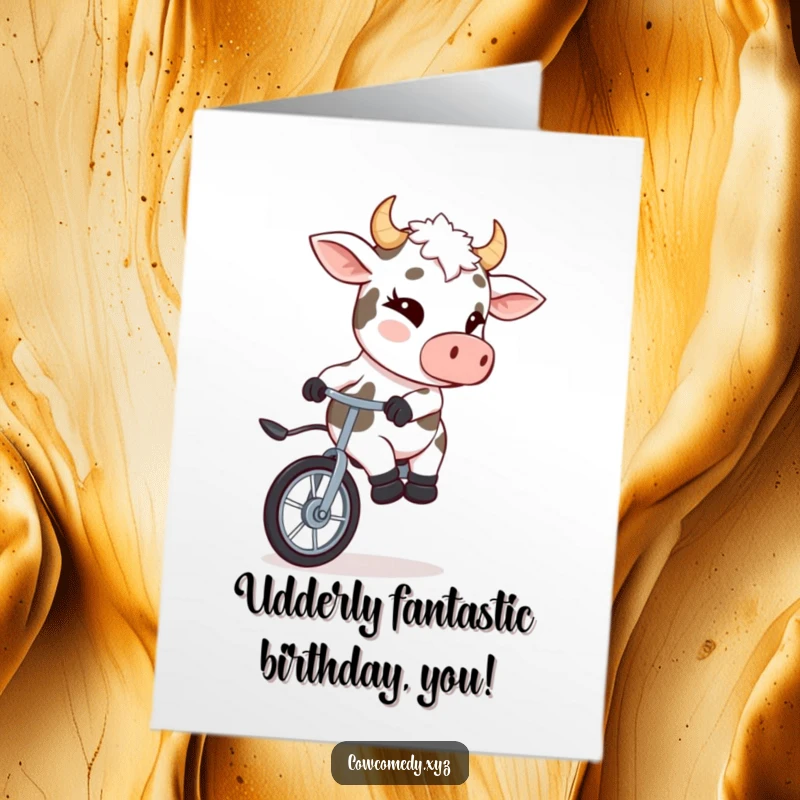 Funny Free Printable Birthday Card featuring a mischievous cow winking while expertly riding a unicycle. A unique downloadable gift.