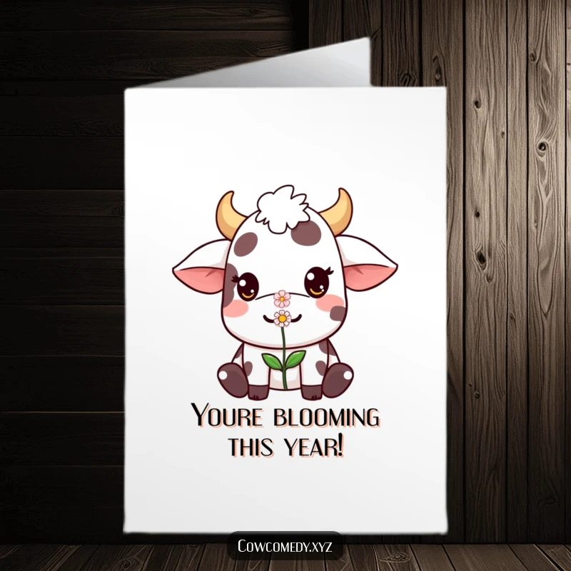 Free Printable Kawaii Cow Birthday Card featuring a cute cow character perfectly balancing a small flower on its nose, celebrating a birthday bloom.