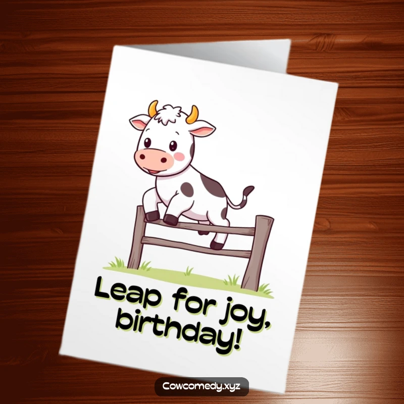Free Printable Kawaii Cow Birthday Card featuring a cute cow character happily jumping over a small white fence, radiating joy.