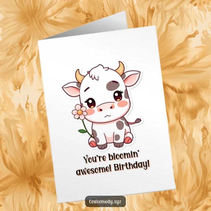 Funny Free Printable Birthday Card: A Kawaii cow with a flower behind its ear, blushing sweetly with joy.