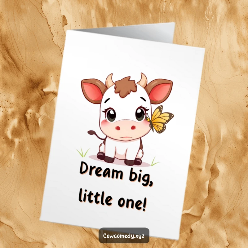 Funny free printable birthday card: a Kawaii cow with wide, surprised eyes trying to catch a butterfly.