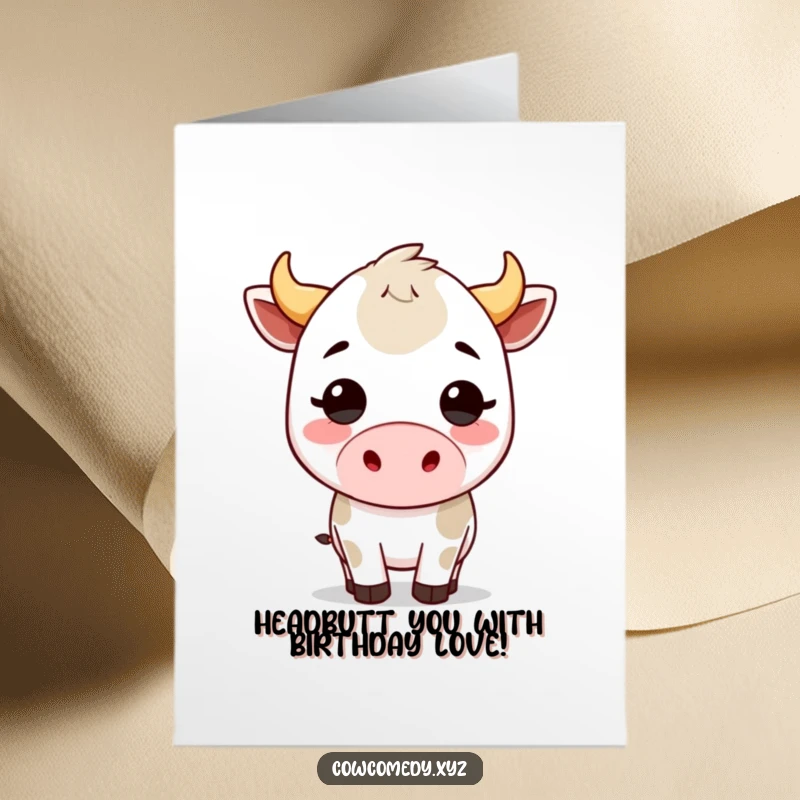Funny Free Printable Birthday Card featuring a cute Kawaii cow playfully headbutting, ready to share birthday fun.