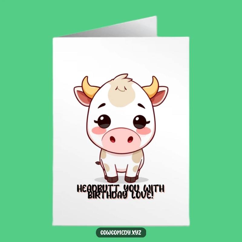 Free Printable Kawaii Cow Headbutt Birthday Card - Funny Downloadable Gift for Cow Lovers