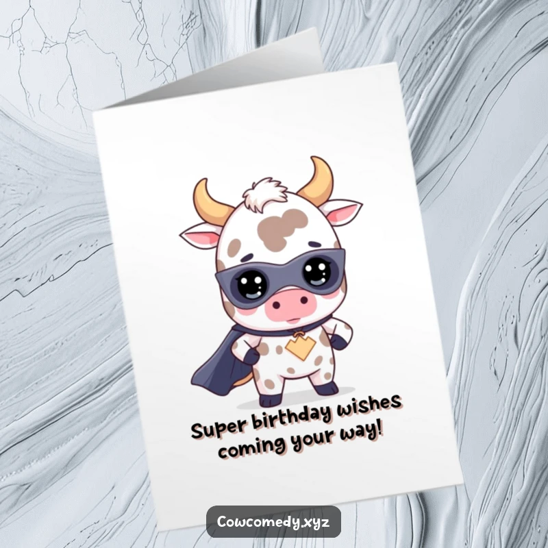Funny Free Printable Birthday Card: a Kawaii cow striking a superhero pose, ready to deliver birthday wishes.