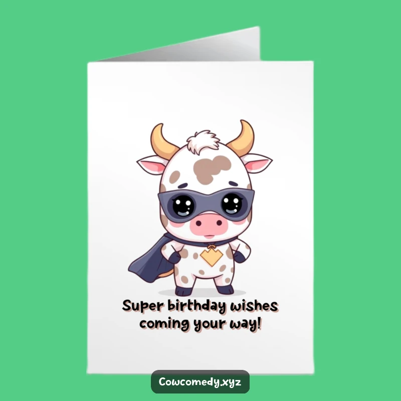 Free Printable Kawaii Cow Superhero Birthday Card - Funny Downloadable Gift for Heroes