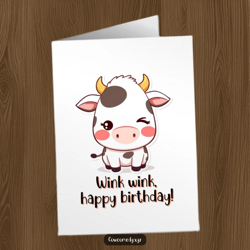Cute Free Printable Birthday Card featuring a kawaii cow blushing and giving a playful, shy wink.