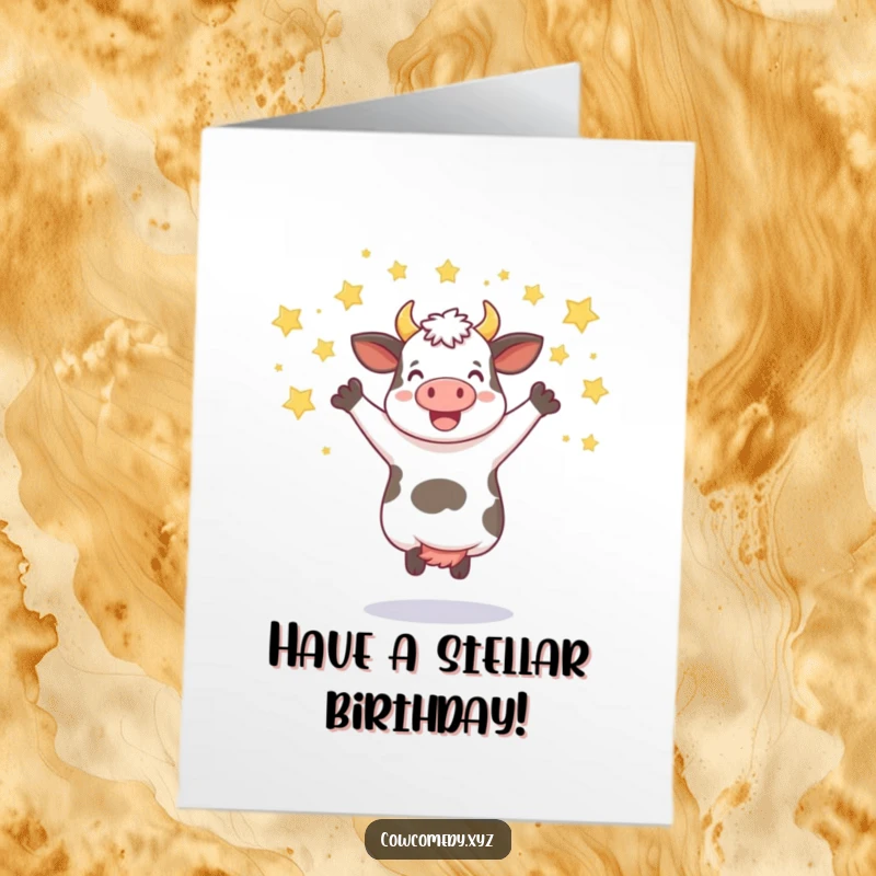 Funny Free Printable Birthday Card featuring a jubilant cow leaping through a shower of sparkling stars. A delightful downloadable gift.