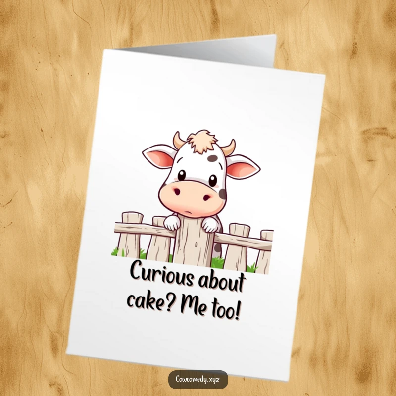 Funny free printable birthday card showing a curious cow peeking over a fence post with wide, inquisitive eyes.