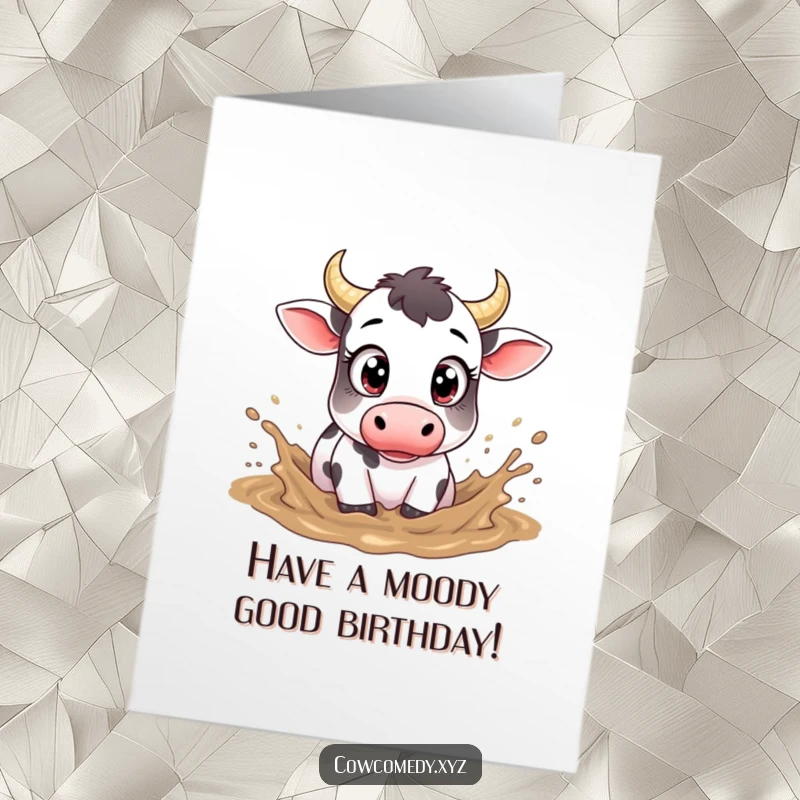 Funny Free Printable Birthday Card: A cow with big, innocent eyes playfully splashing with glee in a muddy puddle.