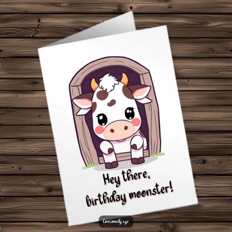 Funny Free Printable Birthday Card: A Kawaii cow peeks playfully from behind a barn door, wishing happy birthday.