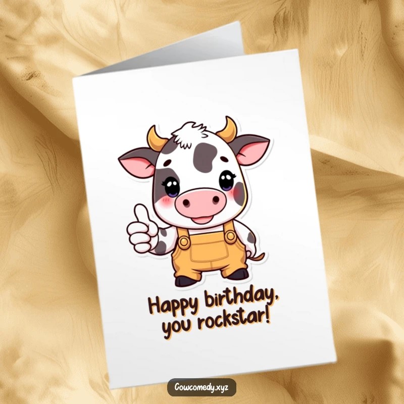 Funny Free Printable Birthday Card: A cow in overalls gives a positive thumbs up, celebrating a birthday with gusto.