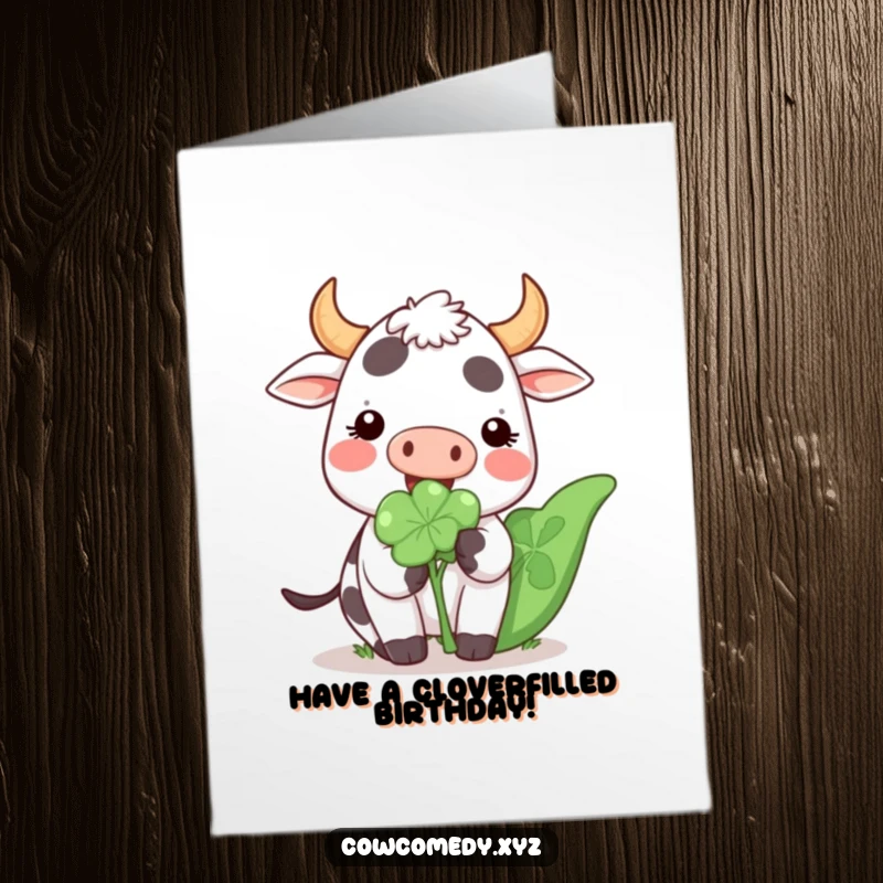Funny Free Printable Birthday Card: A joyful Kawaii cow happily munching a giant clover, spreading birthday luck.