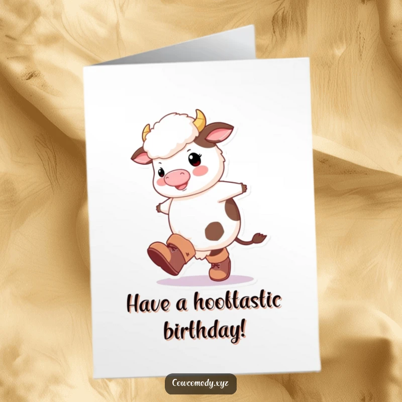 Funny Free Printable Birthday Card: A fluffy cow in oversized boots happily kicking its legs, celebrating with gusto.