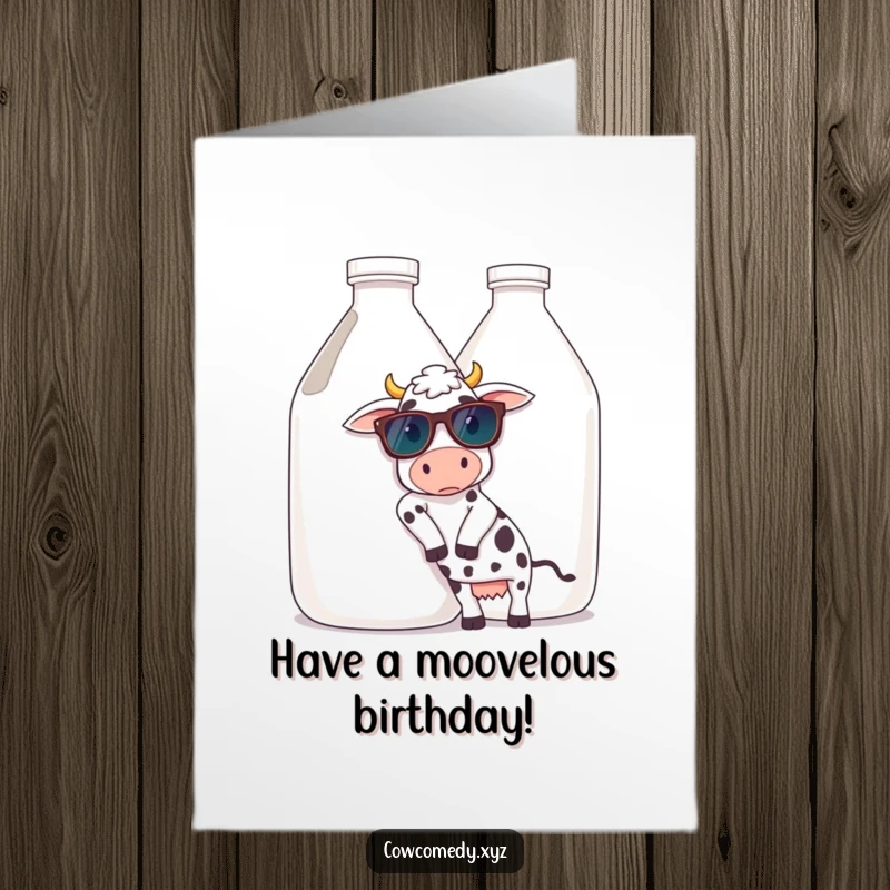 Funny Free Printable Cow Birthday Card: A Cow in Sunglasses Leaning Casually on a Giant Milk Jug, Looking Super Cool