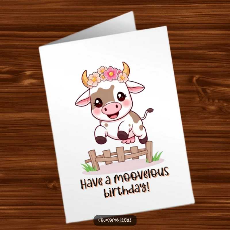 Funny Free Printable Birthday Card: Happy kawaii cow in flower crown leaping over fence, celebrating birthday fun.