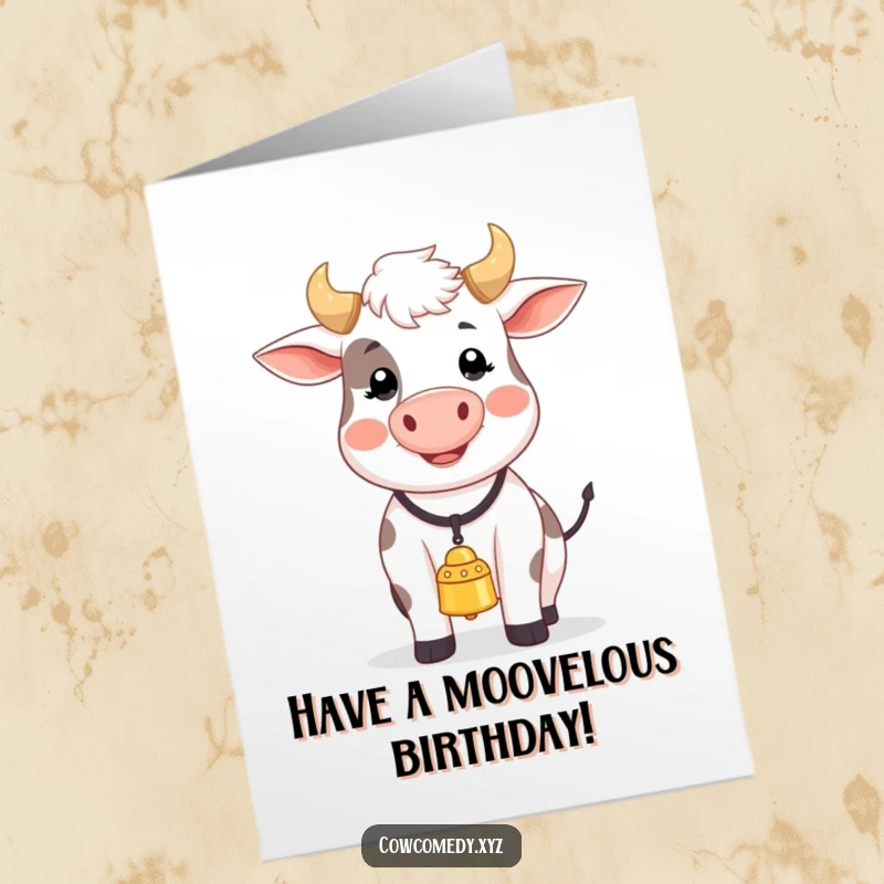 Funny free printable birthday card with a happy cow wearing a bell, joyfully mooing a birthday song.