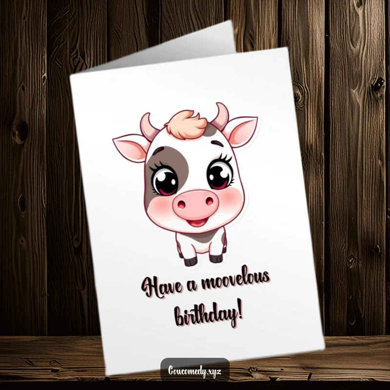 Funny Free Printable Birthday Card: A cheerful cow with big eyes winks playfully, ready to deliver birthday laughs.