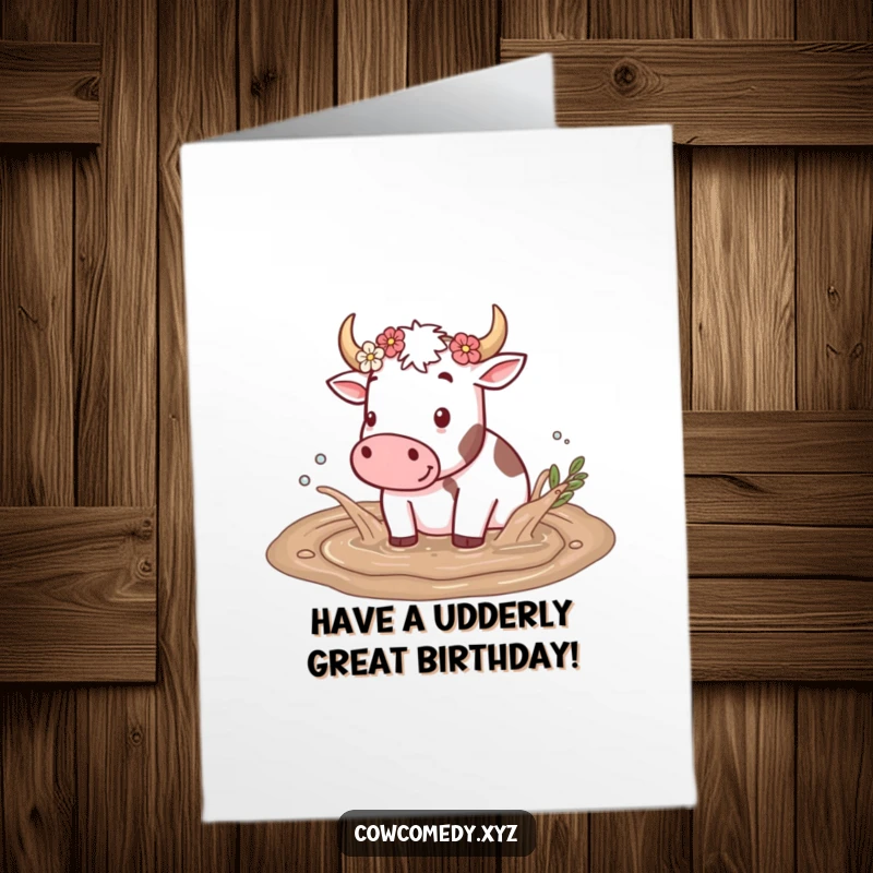 Funny Free Printable Birthday Card: A cow playfully splashing in mud, horns decorated with flowers, celebrating a messy, downloadable birthday.