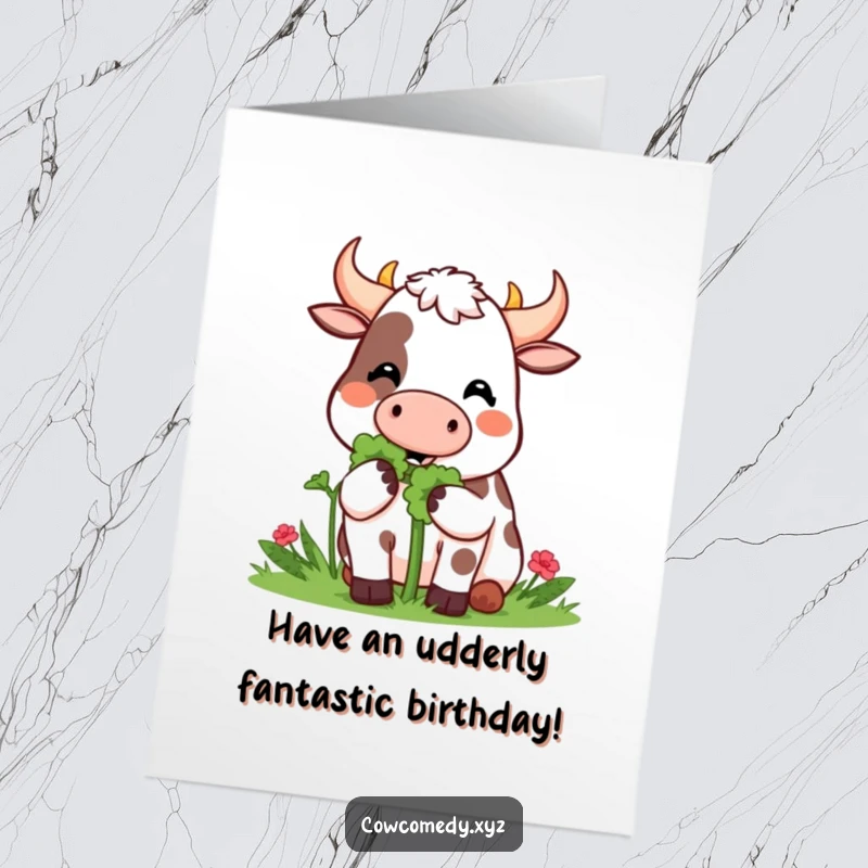 Funny Free Printable Birthday Card: Kawaii cow happily munches on a giant clover, wishing a lucky day.