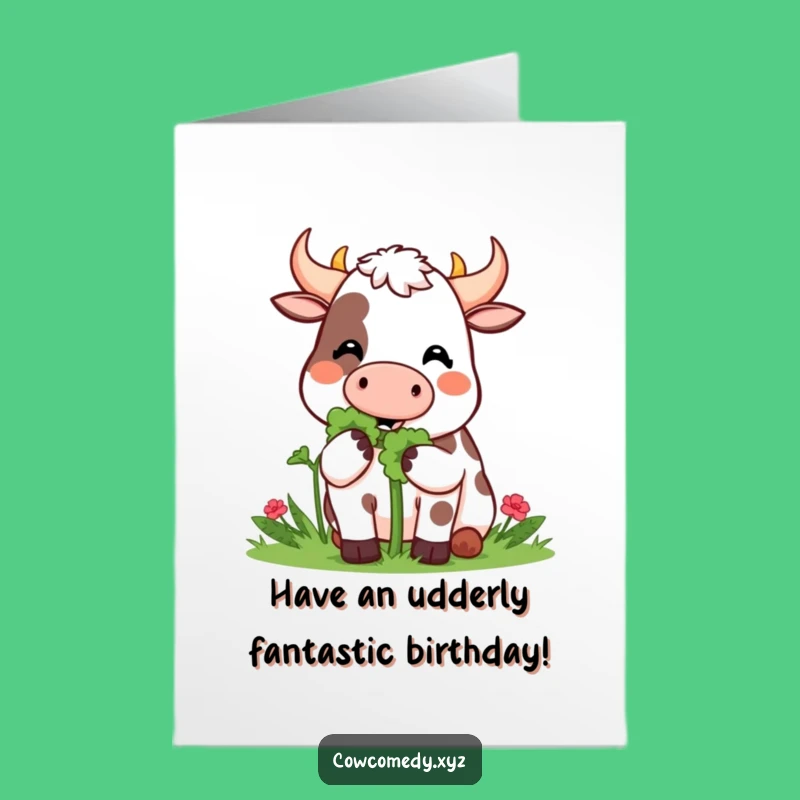 Funny Free Printable Birthday Card: Happy Kawaii Cow Clover