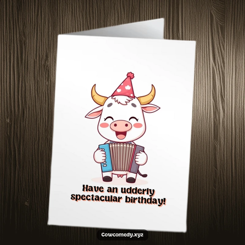Funny Free Printable Birthday Card: A cheerful cow in a party hat joyfully plays a tiny accordion, ready to celebrate.