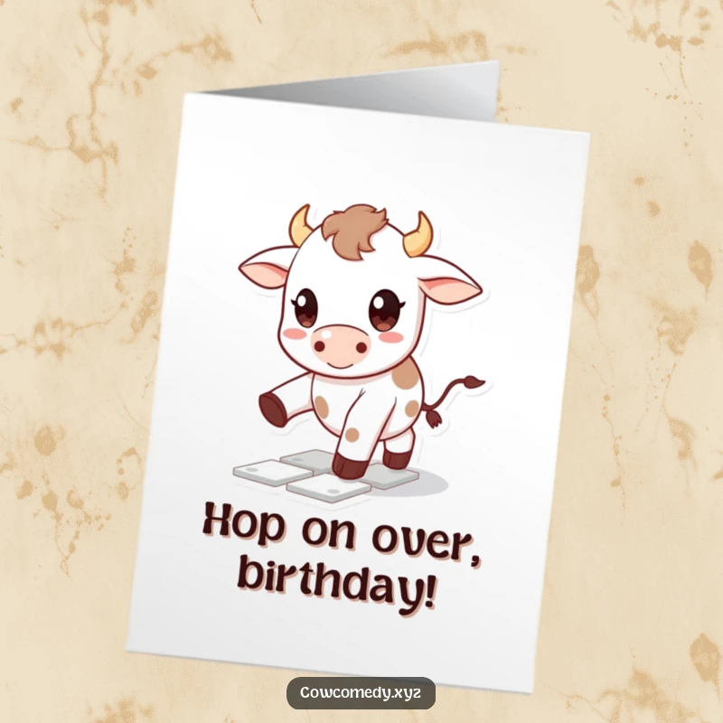 Free Printable Kawaii Cow Birthday Card featuring a cute cow character with big happy eyes playing hopscotch, full of birthday glee.
