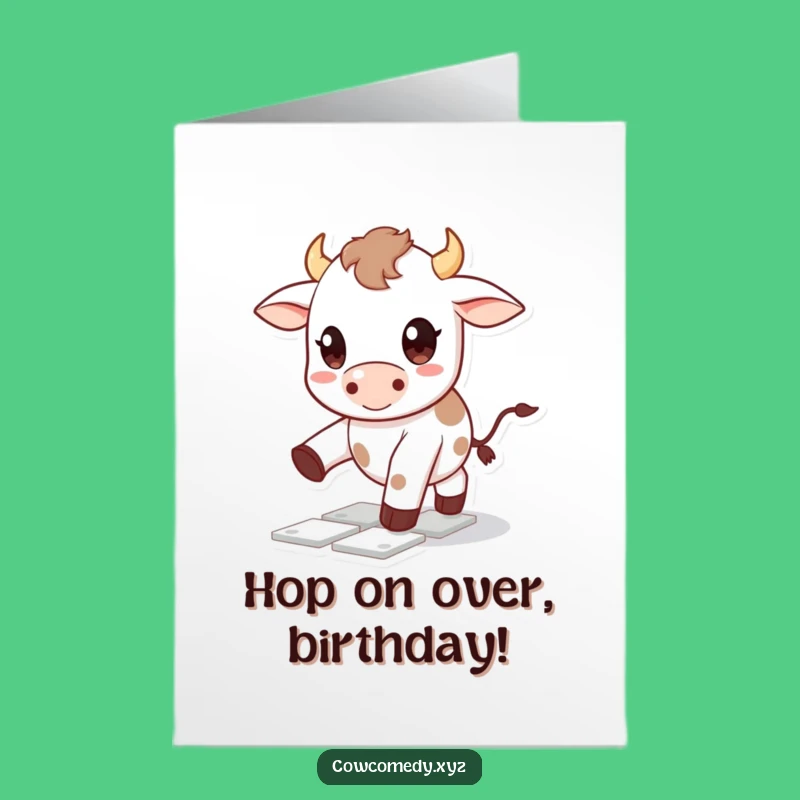Free Printable Kawaii Cow Birthday Card: Hopscotch Player - Cute Downloadable Gift