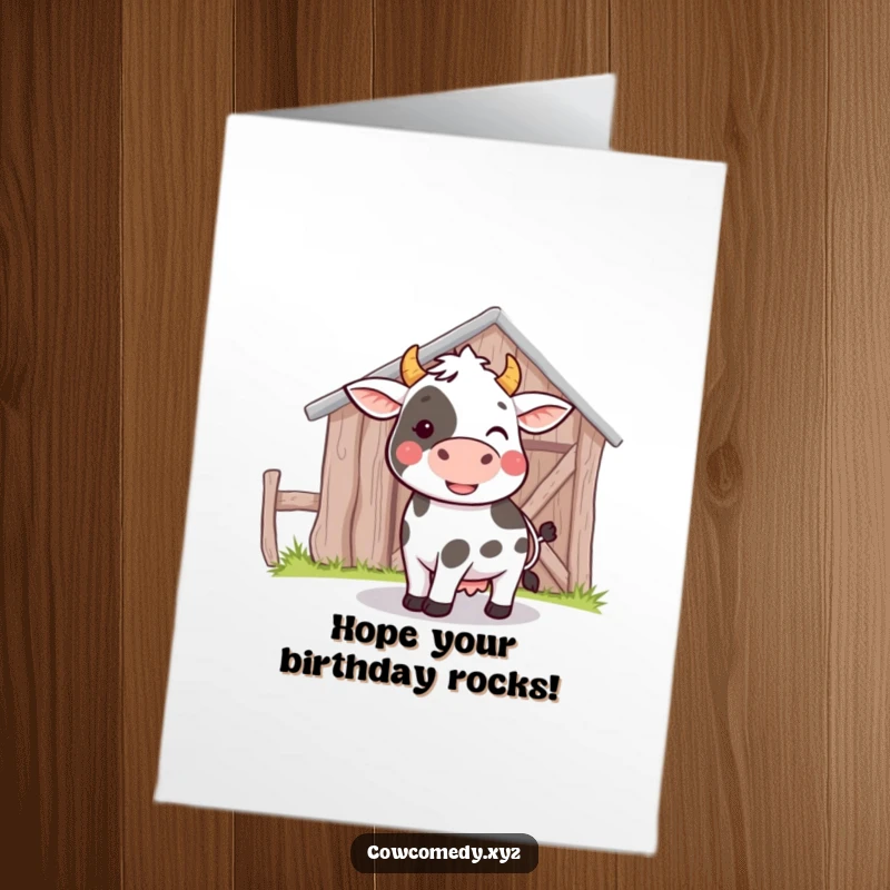 Funny free printable birthday card: A cow playfully bumps its head against a barn, a silly downloadable.