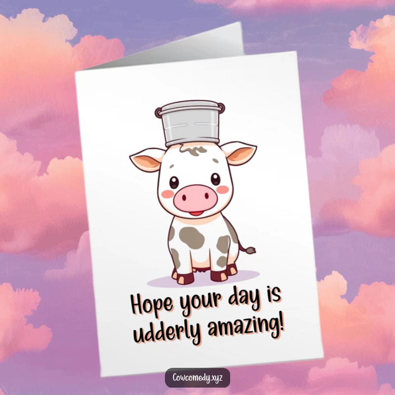 Funny free printable birthday card: a Kawaii cow expertly balancing a full milk pail on its head.
