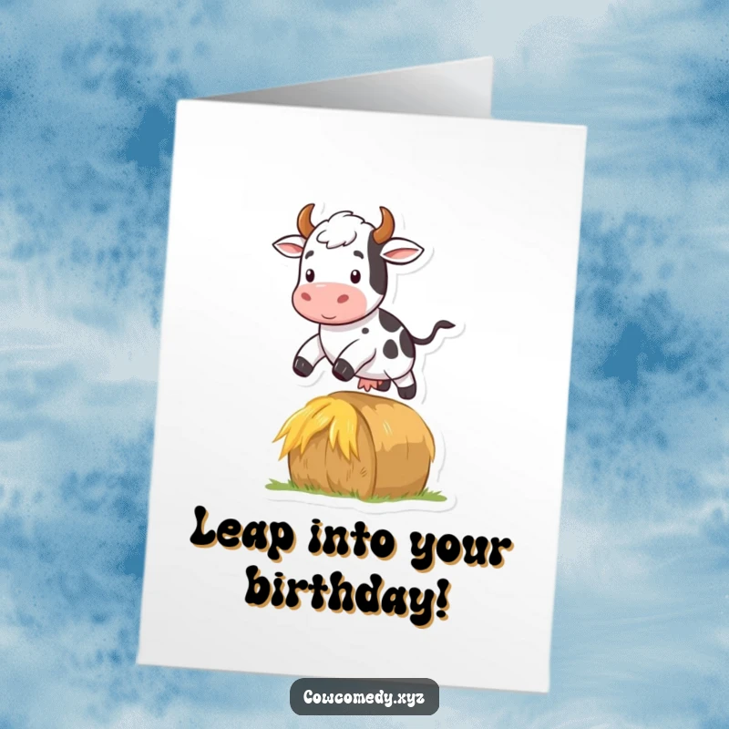 Funny Free Printable Birthday Card: A cow energetically jumps over a hay bale, celebrating a birthday with playful spirit.