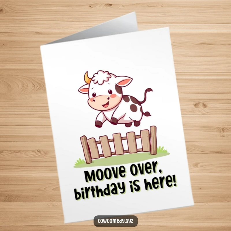 Funny Free Printable Birthday Card: A joyful cow comically leaping over a small wooden fence with pure delight.