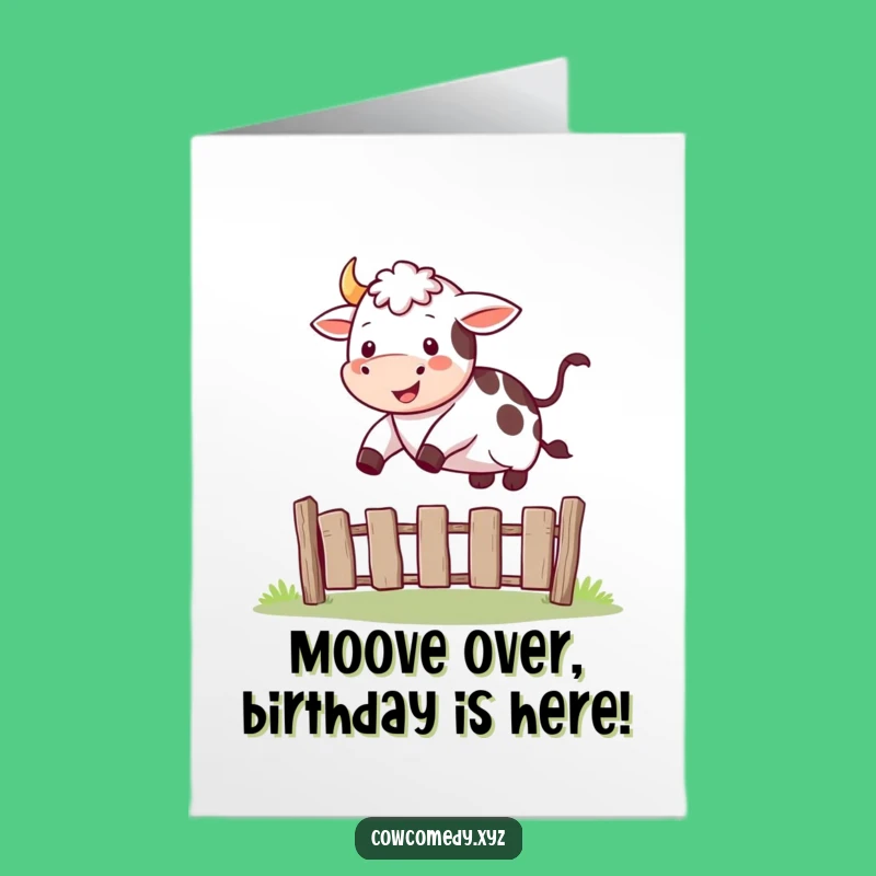 Funny Free Printable Birthday Card: Cow Jumping Fence Downloadable Gift
