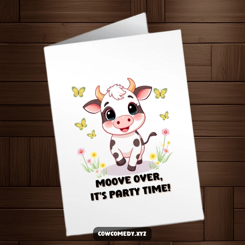 Funny Free Printable Cow Birthday Card: A Giggling Cow Chasing Butterflies Joyfully in a Sunny Meadow