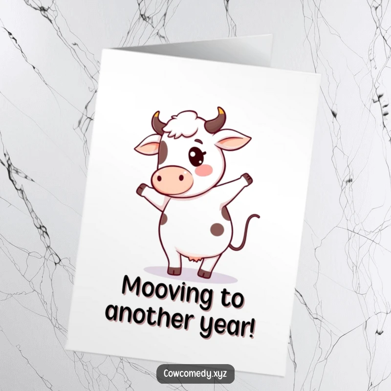 Funny Free Printable Birthday Card: Kawaii cow doing a goofy dance with a happy tail wag.