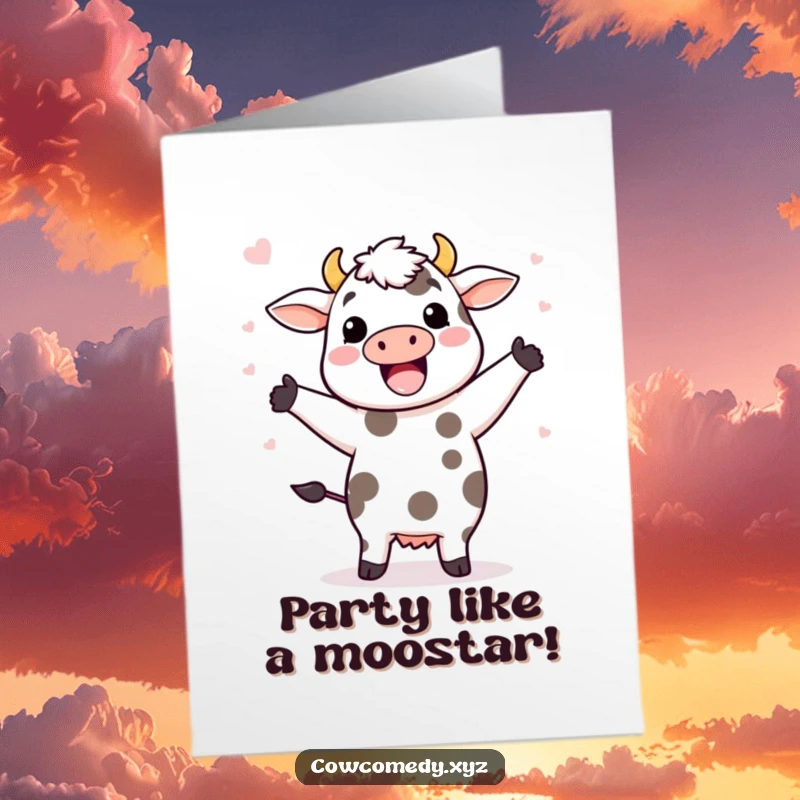 Funny Free Printable Birthday Card: A cheerful Kawaii cow energetically dancing with its spots flying around.