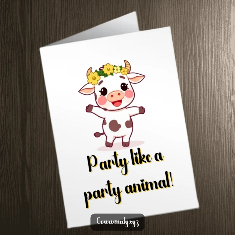 Funny free printable birthday card of a cow wearing a flower crown, dancing with pure joy and abandon.