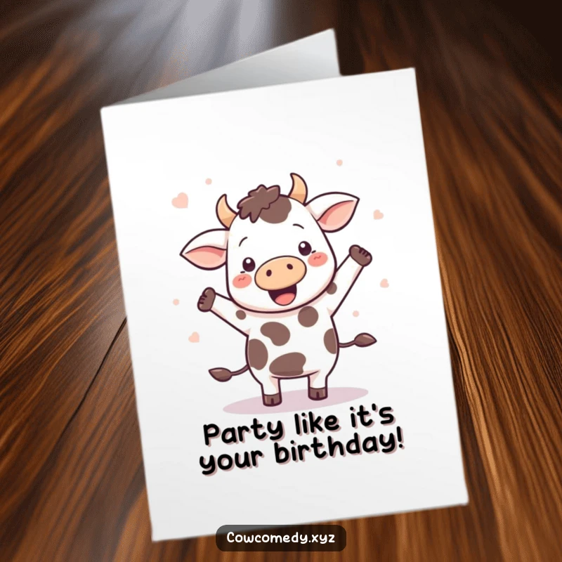 Funny free printable birthday card: a Kawaii cow happily dancing, with colorful spots flying around.