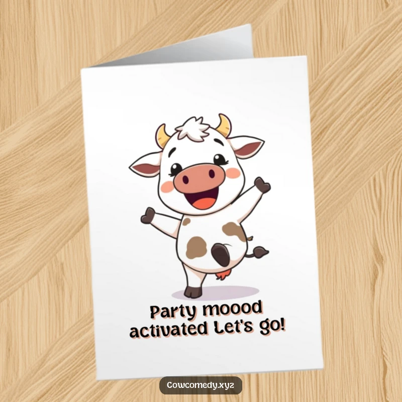 Funny Free Printable Birthday Card featuring a kawaii cow with a huge grin, joyfully kicking its heels up in celebration.