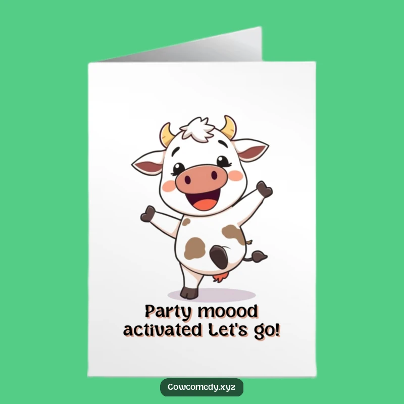 Free Printable Birthday Card: Funny Kawaii Cow Kicking Up Heels, Perfect Downloadable Gift