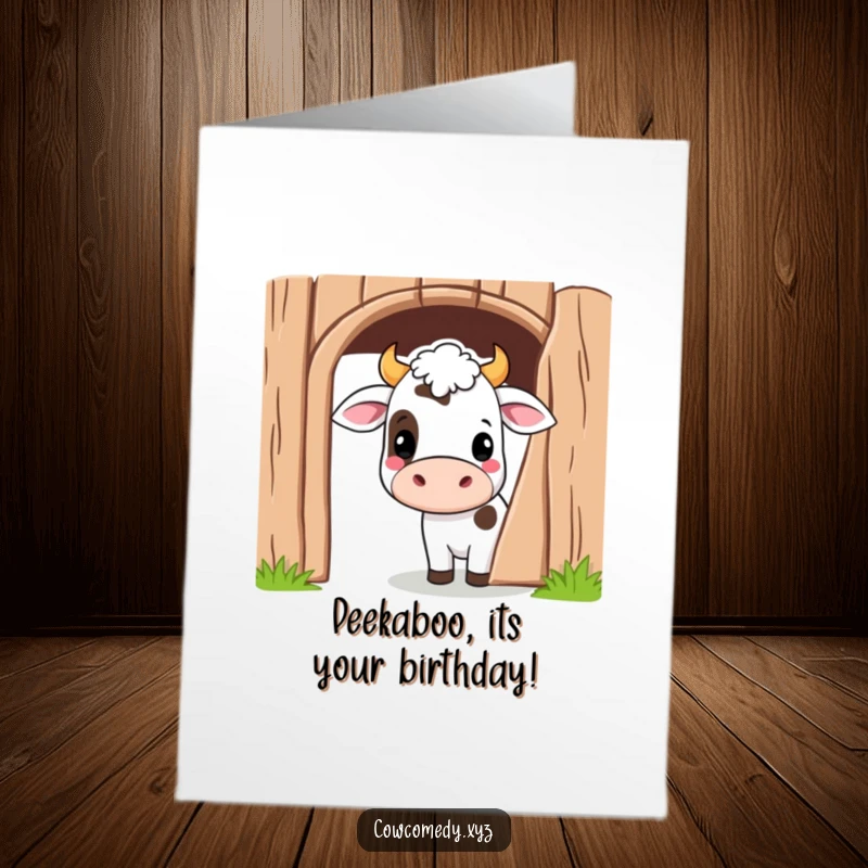 Funny Free Printable Birthday Card: A Kawaii cow peeking playfully from a barn door, ready to wish a happy birthday.