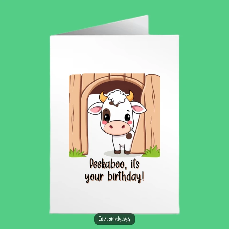 Free Printable Birthday Card: Playful Kawaii Cow, Funny Peek-a-Boo Downloadable Gift