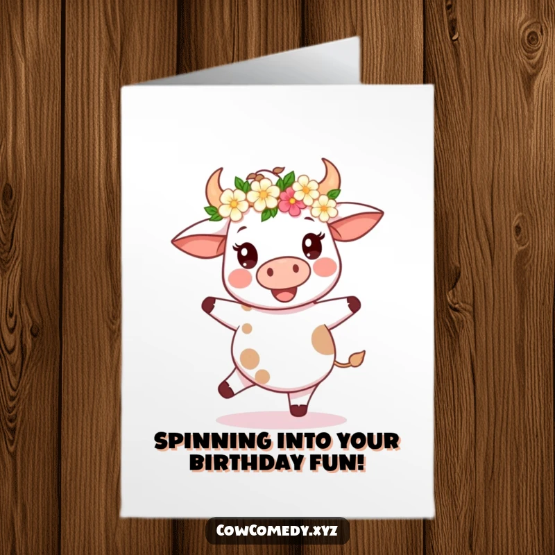 Funny Free Printable Birthday Card: A cute kawaii cow wearing a flower crown, joyfully spinning around with a happy expression.