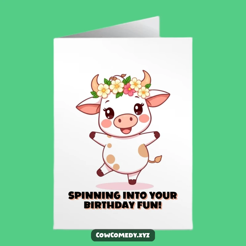 Free Printable Birthday Card: Kawaii Cow Spinning, Flower Crown, Downloadable Joy