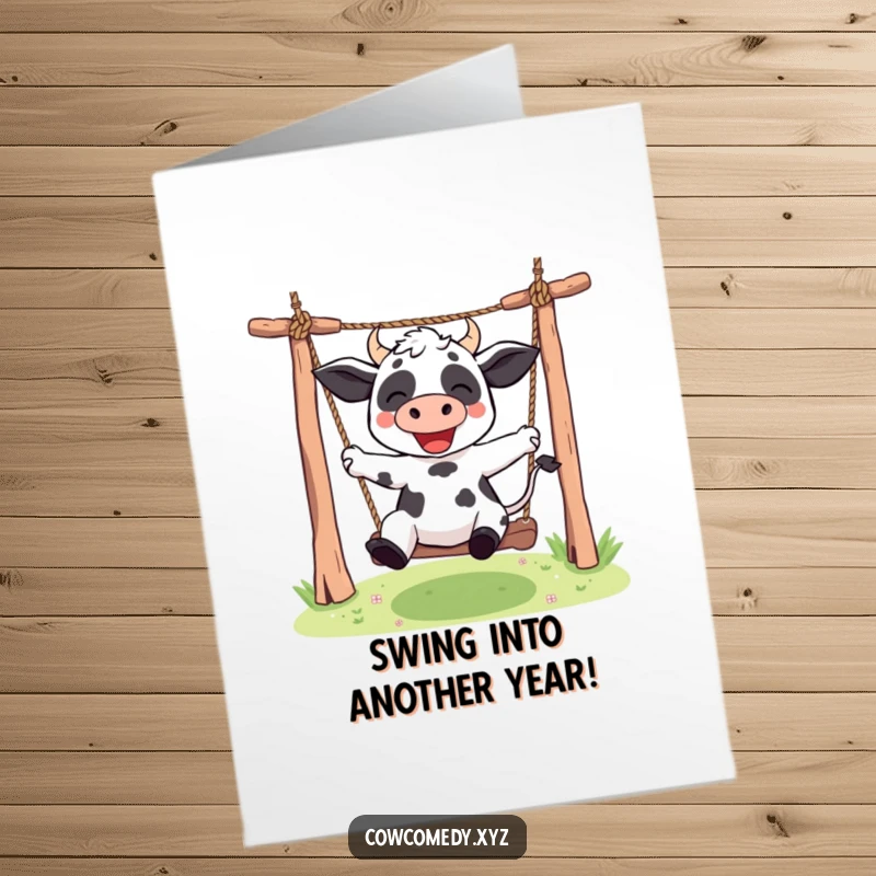 Free Printable Kawaii Cow Birthday Card featuring a cute cow character enthusiastically swinging high on a rope swing, enjoying the moment.
