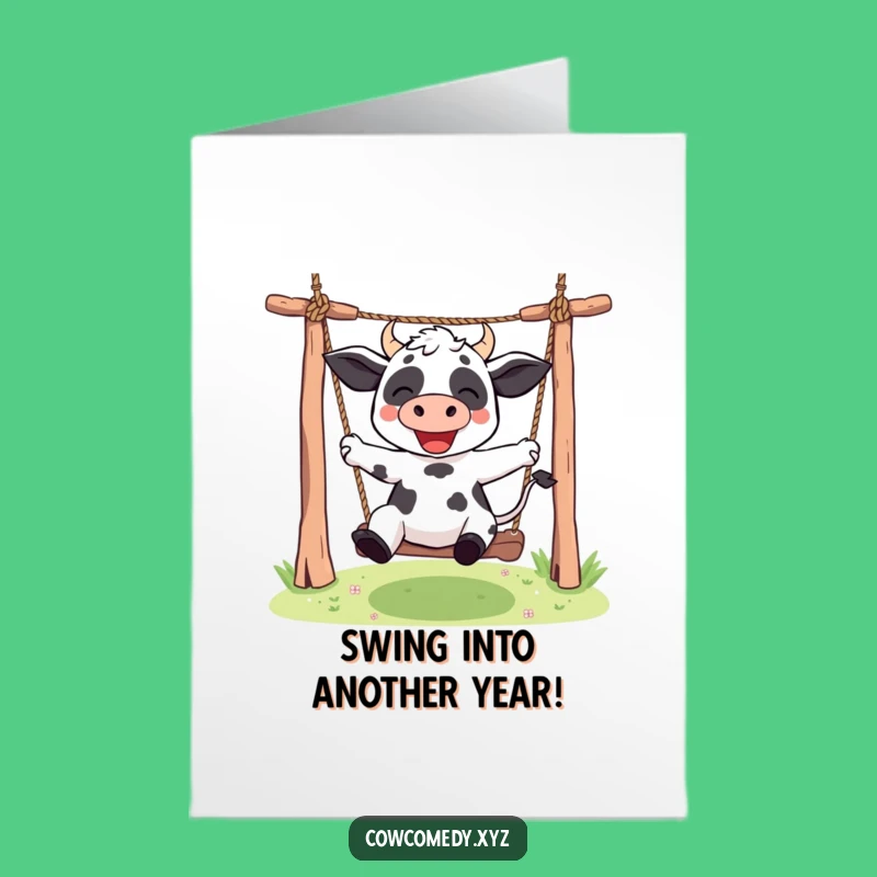 Free Printable Kawaii Cow Birthday Card: Rope Swinger - Fun Downloadable Gift