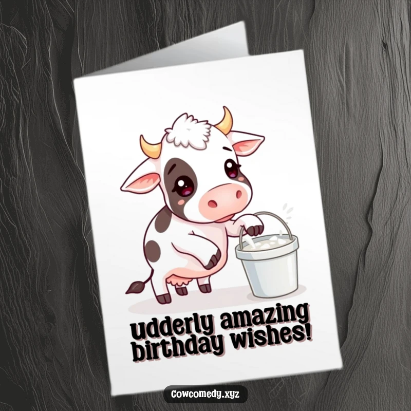 Funny free printable birthday card: Cow comically wobbles with a milk bucket, a delightful downloadable gift.