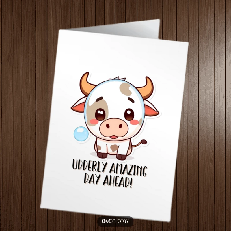 Funny Free Printable Birthday Card: Kawaii cow with wide eyes, surprised by a floating bubble, ready for a laugh.