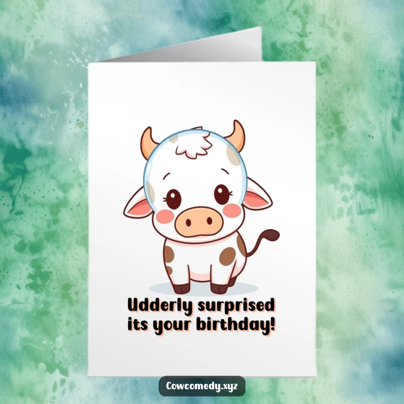 Funny Free Printable Birthday Card: Kawaii cow looks surprised as a bubble floats nearby, a fun birthday surprise.