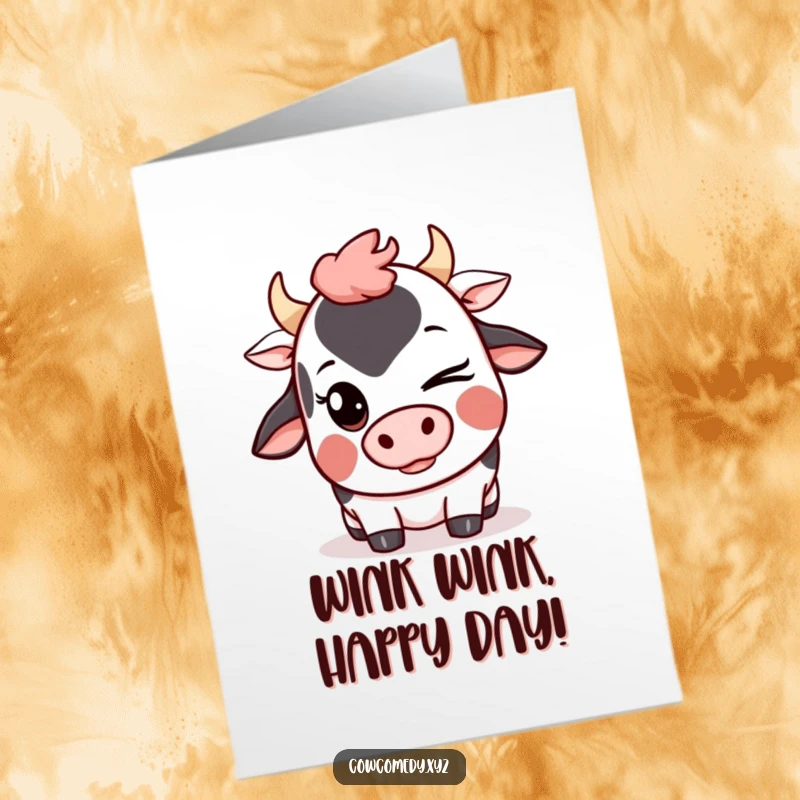 Funny Free Printable Birthday Card: A Kawaii cow winking with a mischievous grin, ready to share a birthday secret.
